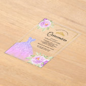 Sparkle Gown Lila Paarse Bloemen Goud Quinceanera Acryl Uitnodigingen (Laagn)