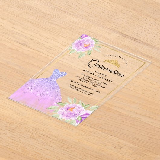 Sparkle Gown Lila Paarse Bloemen Goud Quinceanera Acryl Uitnodigingen (Laagn)