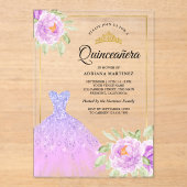Sparkle Gown Lila Paarse Bloemen Goud Quinceanera Acryl Uitnodigingen (Voorkant)
