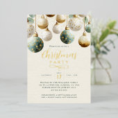 Sparkle Green Golden Baubles Christmas Party  Folie Uitnodiging (Staand Voorkant)