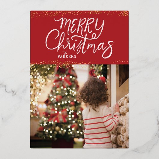 Sparkle Hand Lettered Merry Christmas Photo Card Folie Feestdagenkaart (Voorkant)