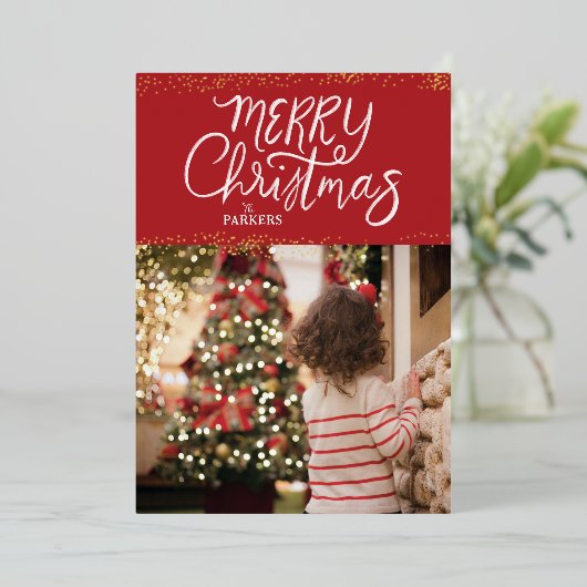 Sparkle Hand Lettered Merry Christmas Photo Card Folie Feestdagenkaart (Staand Voorkant)