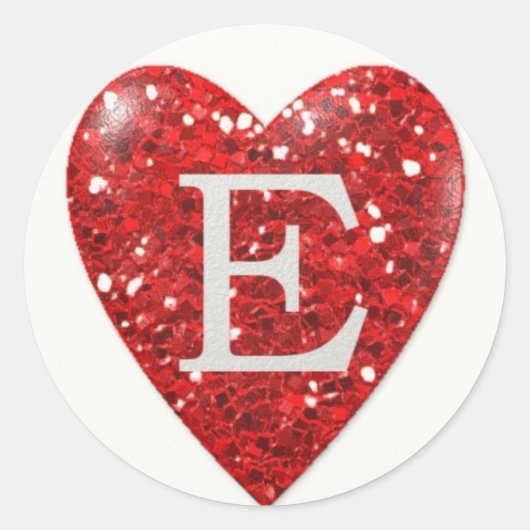 Sparkle Heart Letter E in ROOD Ronde Sticker (Voorkant)