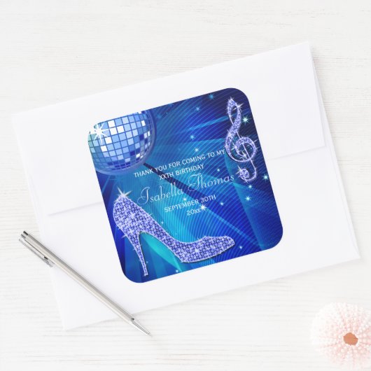 Sparkle Heels Blue Disco Ball Birthday Dank je Vierkante Sticker (Envelop)
