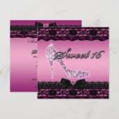 Sparkle Heels en Black Lace Pink Sweet 16 Kaart (Voorkant / Achterkant)