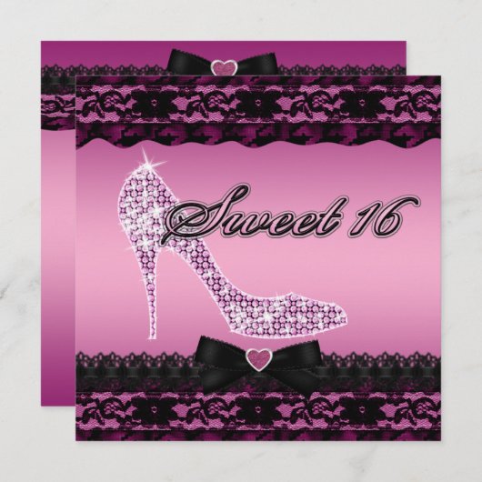 Sparkle Heels en Black Lace Pink Sweet 16 Kaart (Voorkant / Achterkant)