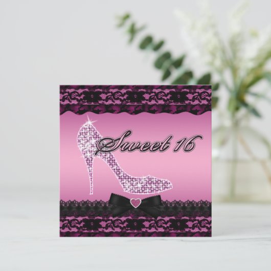 Sparkle Heels en Black Lace Pink Sweet 16 Kaart (Staand voorkant)