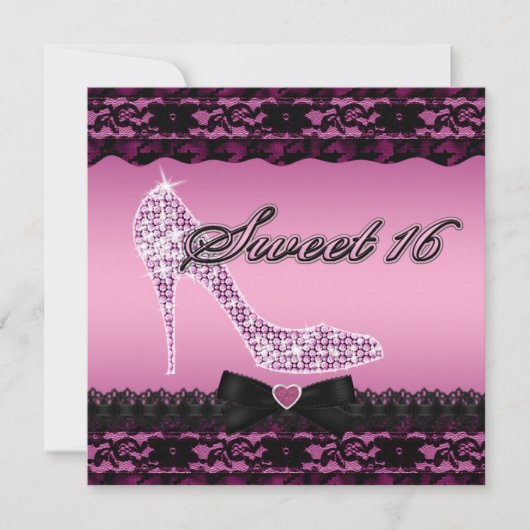 Sparkle Heels en Black Lace Pink Sweet 16 Kaart (Voorkant)