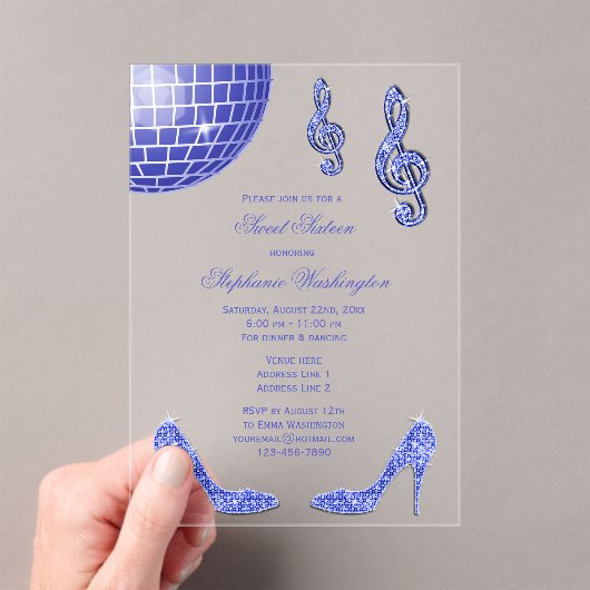 Sparkle Heels en Blue Disco Ball Sweet 16 Acryl Uitnodigingen (Insitu (Draagbaar))