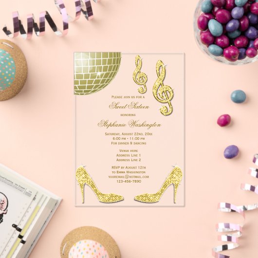 Sparkle Heels en Gouden Disco Ball Sweet 16 Acryl Uitnodigingen (Insitu (Viering))