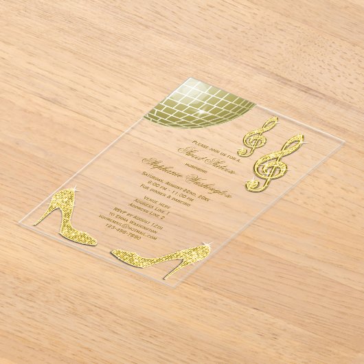 Sparkle Heels en Gouden Disco Ball Sweet 16 Acryl Uitnodigingen (Laagn)