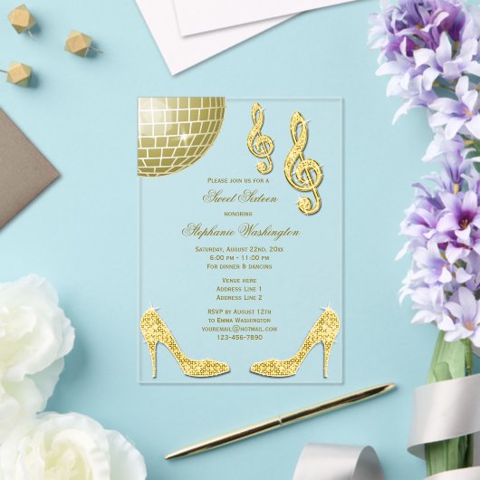 Sparkle Heels en Gouden Disco Ball Sweet 16 Acryl Uitnodigingen (Insitu (Huwelijk))