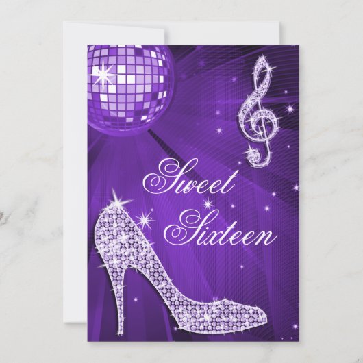 Sparkle Heels en Paarse Disco Ball Sweet 16 Kaart (Voorkant)