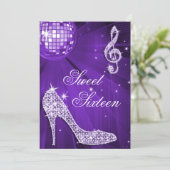 Sparkle Heels en Paarse Disco Ball Sweet 16 Kaart (Staand voorkant)