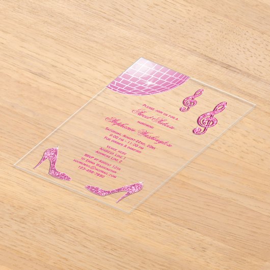 Sparkle Heels en Pink Disco Ball Sweet 16 Acryl Uitnodigingen (Laagn)