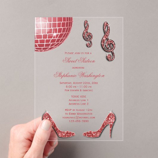 Sparkle Heels en Red Disco Ball Sweet 16 Acryl Uitnodigingen (Insitu (Draagbaar))