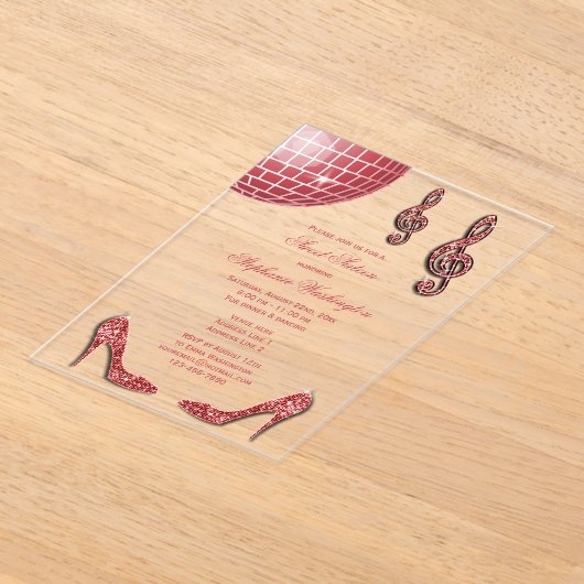 Sparkle Heels en Red Disco Ball Sweet 16 Acryl Uitnodigingen (Laagn)