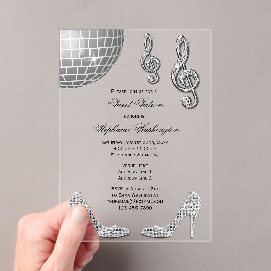 Sparkle Heels en Silver Disco Ball Sweet 16 Acryl Uitnodigingen (Insitu (Draagbaar))