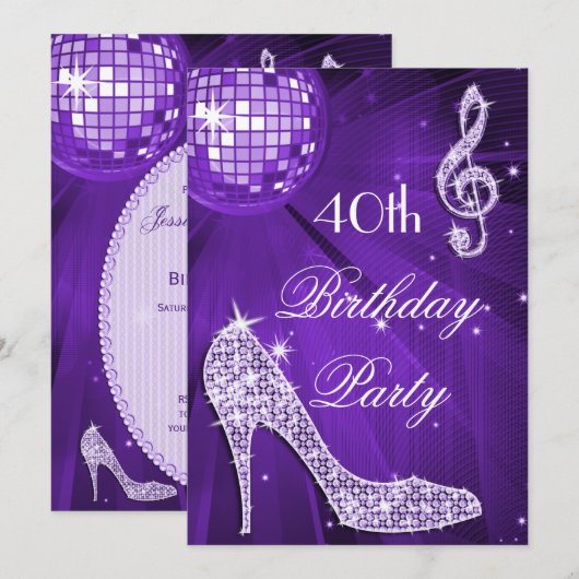 Sparkle Heels Paarse Disco Ball 40e Verjaardag Kaart (Voorkant / Achterkant)