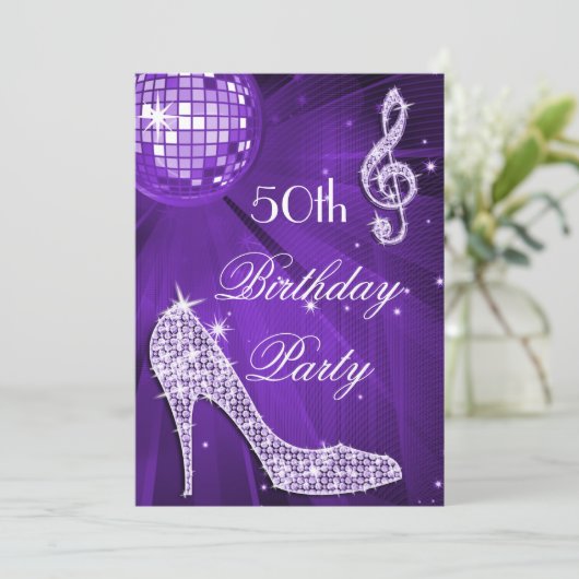 Sparkle Heels Paarse Disco Ball 50e Verjaardag Kaart (Staand voorkant)