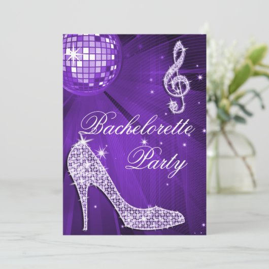 Sparkle Heels Paarse Disco Ball Bachelorette Party Kaart (Staand voorkant)