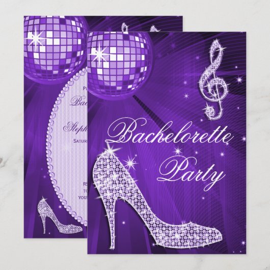 Sparkle Heels Paarse Disco Ball Bachelorette Party Kaart (Voorkant / Achterkant)