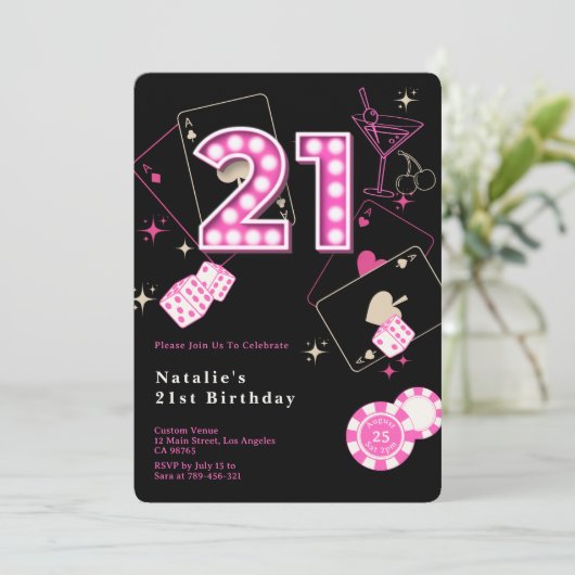 Sparkle Hot Pink Casino Dice & Chips 21e verjaarda Kaart (Staand voorkant)