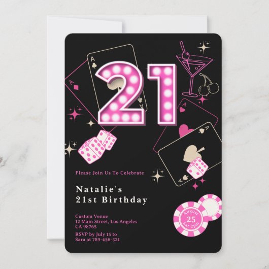 Sparkle Hot Pink Casino Dice & Chips 21e verjaarda Kaart (Voorkant)