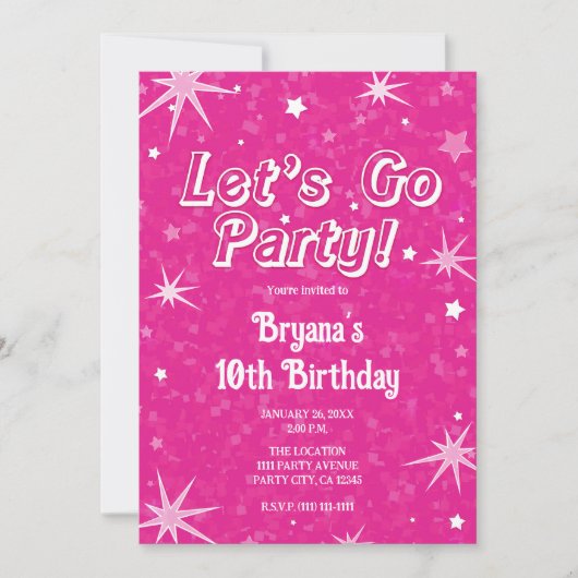 Sparkle Hot Pink Stars Let's Go Party Verjaardag Kaart (Voorkant)