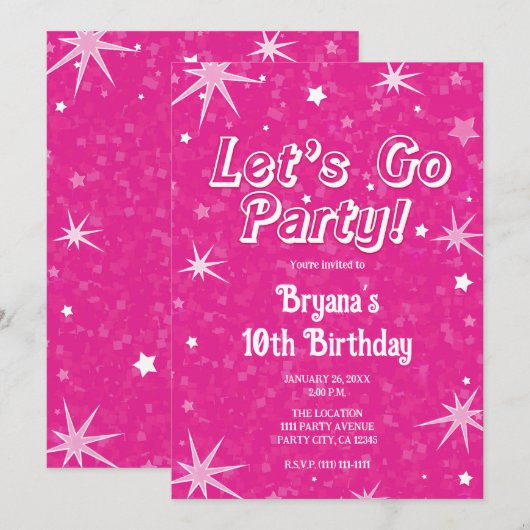 Sparkle Hot Pink Stars Let's Go Party Verjaardag Kaart (Voorkant / Achterkant)