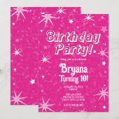 Sparkle Hot Pink & White Stars Verjaardagsfeest Kaart (Voorkant / Achterkant)