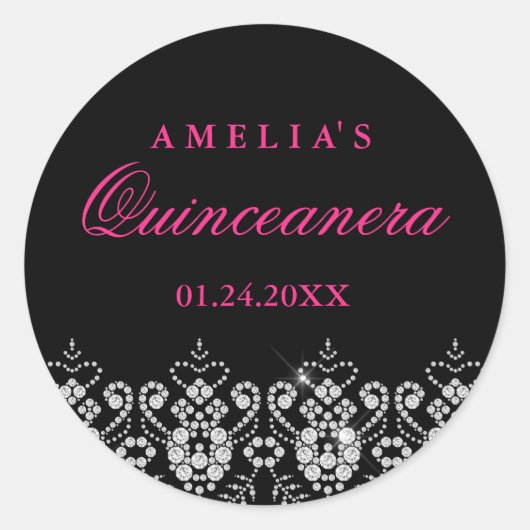 Sparkle Jewel Black Hot Pink Quinceanera Sticker (Voorkant)