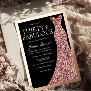 Sparkle Jurk 30e Verjaardagsfeest Zwart Roze Goud Folie Uitnodiging