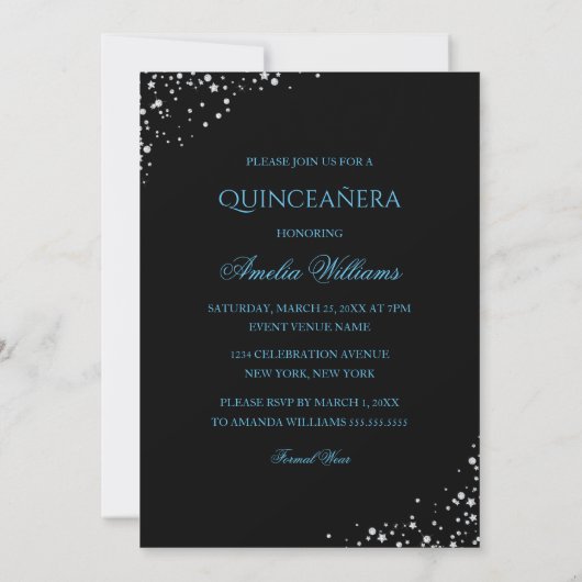 Sparkle Jurk Blauw Quinceanera Uitnodiging (Achterkant)