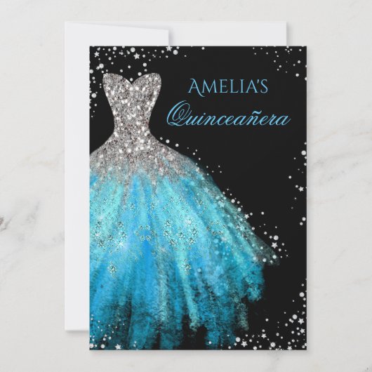 Sparkle Jurk Blauwe Quinceanera Uitnodiging (Voorkant)