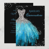 Sparkle Jurk Blauwe Quinceanera Uitnodiging (Voorkant / Achterkant)