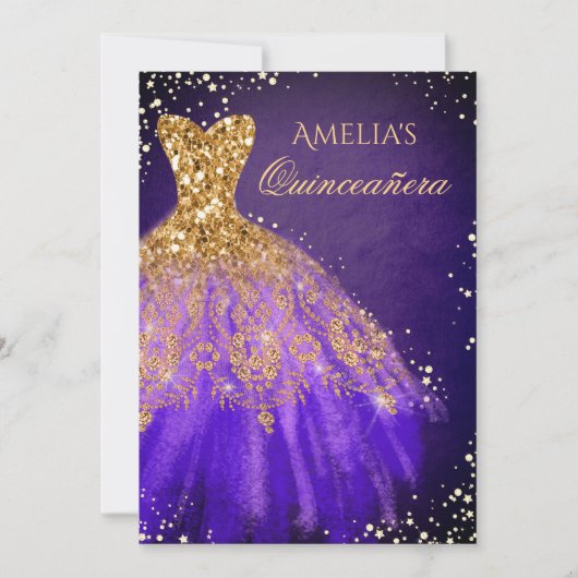 Sparkle Jurk Paarse Gouden Quinceanera Invitation Kaart (Voorkant)