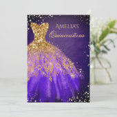 Sparkle Jurk Paarse Gouden Quinceanera Invitation Kaart (Staand voorkant)