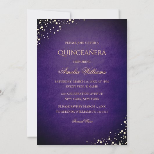 Sparkle Jurk Paarse Gouden Quinceanera Invitation Kaart (Achterkant)