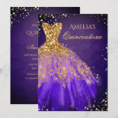 Sparkle Jurk Paarse Gouden Quinceanera Invitation Kaart (Voorkant / Achterkant)
