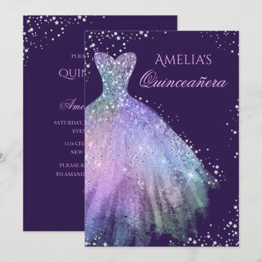 Sparkle Jurk Regenboog Quinceanera Uitnodiging (Voorkant / Achterkant)