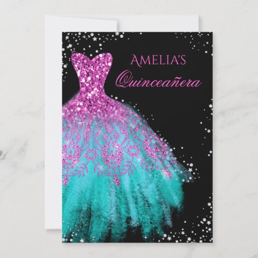 Sparkle Jurk Roze Blauwgroen Quinceanera Invitatio Kaart (Voorkant)