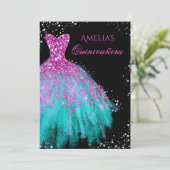 Sparkle Jurk Roze Blauwgroen Quinceanera Invitatio Kaart (Staand voorkant)