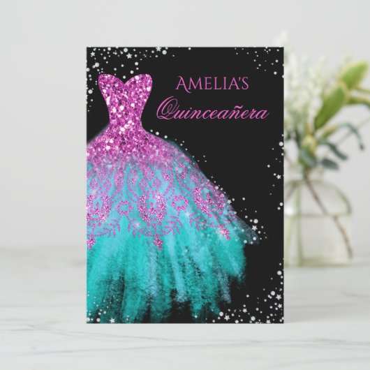 Sparkle Jurk Roze Blauwgroen Quinceanera Invitatio Kaart (Staand voorkant)