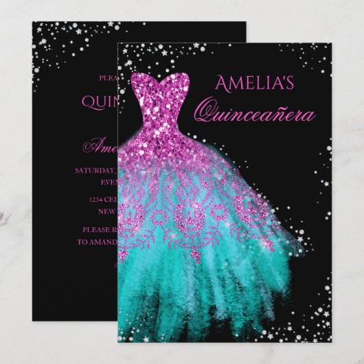 Sparkle Jurk Roze Blauwgroen Quinceanera Invitatio Kaart (Voorkant / Achterkant)