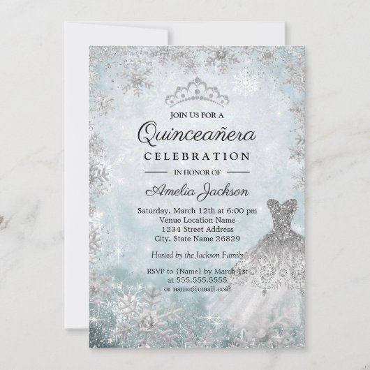 Sparkle Jurk Sneeuwvlokken Blauw Winter Quinceaner Kaart (Voorkant)