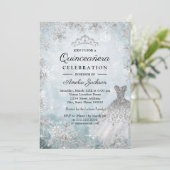 Sparkle Jurk Sneeuwvlokken Blauw Winter Quinceaner Kaart (Staand voorkant)