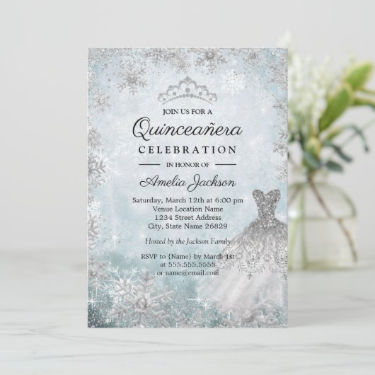 Sparkle Jurk Sneeuwvlokken Blauw Winter Quinceaner Kaart (Staand voorkant)