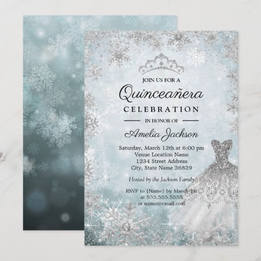 Sparkle Jurk Sneeuwvlokken Blauw Winter Quinceaner Kaart (Voorkant / Achterkant)