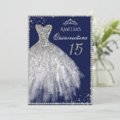 Sparkle Jurk Zilver Navy Quinceanera Uitnodiging (Staand voorkant)